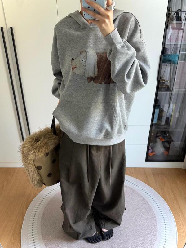 Fun Graffiti Cartoon Print Hooded Sweatshirt for Women 2025 Autumn and Winter Velvet Thickeneded Versatile Couple Loose Top