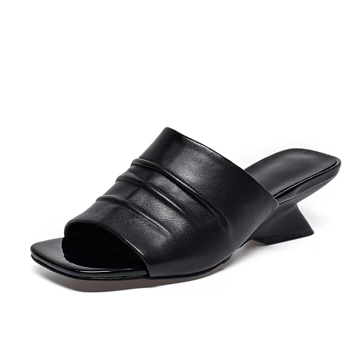 Dép sandal nữ quai ngang mũi vuông da thật đế bệt chống trượt — màu đen