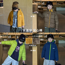 童酷2025男童冬季新款时尚印花双面穿加厚保暖连帽山系儿童棉服潮