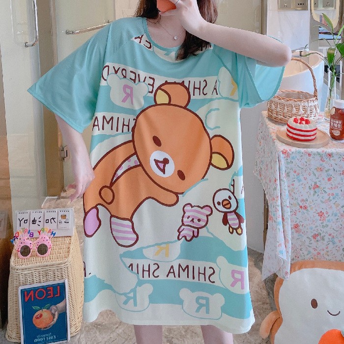 Camisón de verano de las mujeres camisón de manga corta de comercio exterior de dibujos animados pijamas delgados de una sola pieza vestido lindo homewear
