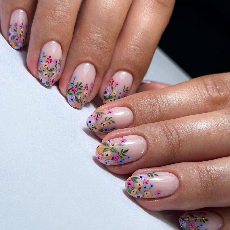 Short Round French Floral Press-On Nails Spring Girl Foreign Trade Style Detachable Flower Wholesale Style