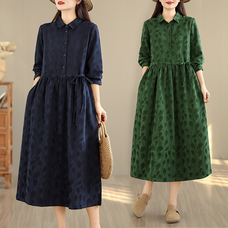 Forest-Style Pure Cotton Peacock Feather Jacquard Dress for Women, New Autumn Artistic Loose Shirt Dress with Long Sleeves and Long Base Dress Forest-Style Pure Cotton Peacock Feather Jacquard Dress for Women, New Autumn Artistic Loose Shirt Dress with Long Sleeves and Long Base Dress