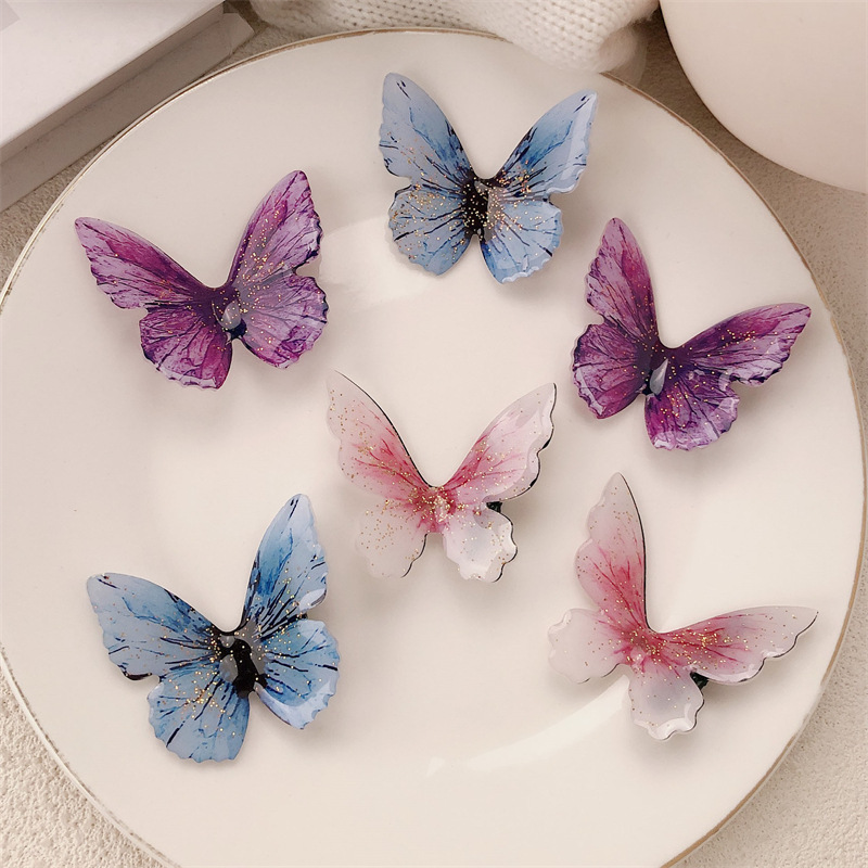 Super Fairy Retro Simulación Púrpura Azul Mariposa Clip Exquisito Flash Fino Clip de flequillo Horquilla Clip lateral Clip de pico de pato Accesorios para el cabello de todo fósforo