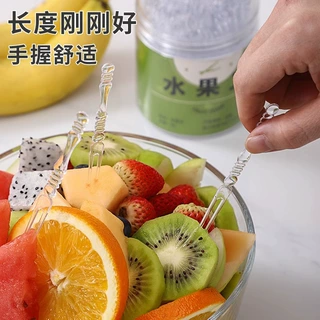 水果叉子一次性食品级塑料性罐装家用商用竹节纹多功能沙拉水果签