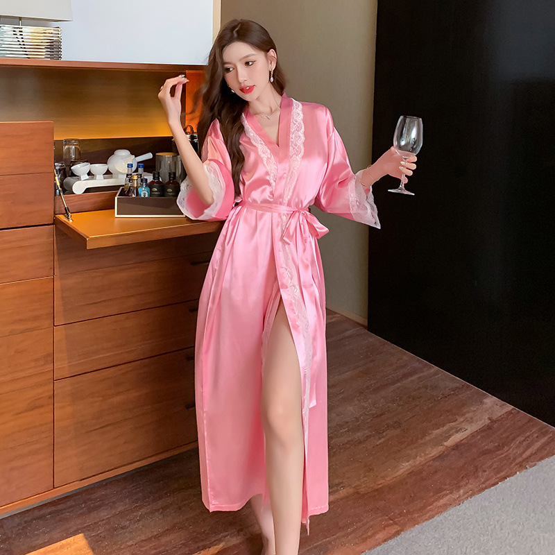 Camisón de otoño e invierno, dama de honor de seda de hielo femenino, bata de la mañana, bata de baño sexy, estilo de hotel, servicio a domicilio suelto de gran tamaño para damas