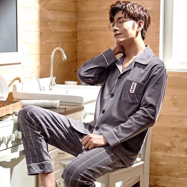 Primavera y otoño pijamas hombres 100% algodón de manga larga más el tamaño de los hombres jóvenes y de mediana edad desgaste del hogar traje de primavera y otoño