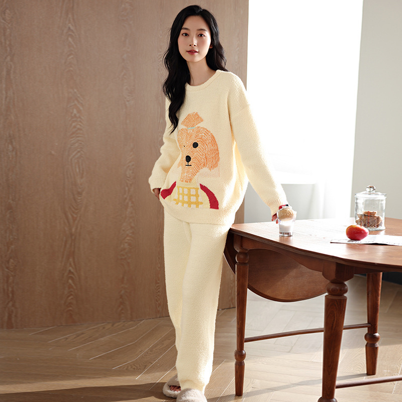 春秋款半边绒睡衣女秋冬保暖休闲圆领V领套头长袖长裤居家服套装|undefined
