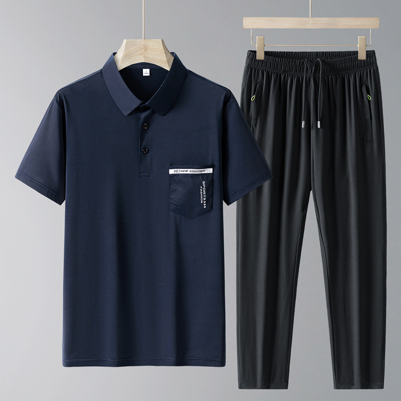 Papá con un nuevo conjunto de deportes casuales de mediana edad hombre de verano de manga corta pantalones largos de verano de hielo dos piezas