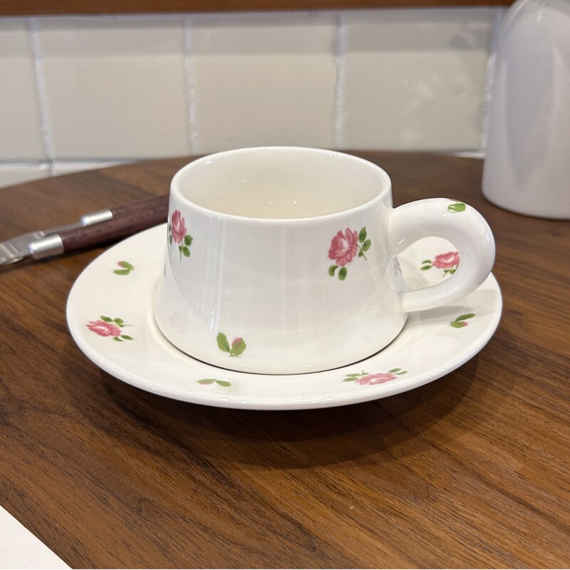 French Ceramic Cup and Saucer Pink Floral Afternoon Tea Cup and Saucer Set Latte Cup High-End Milk Cup Snack Plate