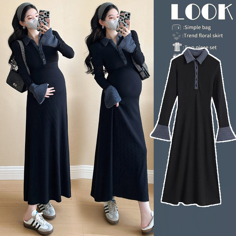 Pregnant women's clothing trendy mom new spring and autumn fashion knitted dress pregnant mother autumn and winter high-end wear skirt Pregnant women's clothing trendy mom new spring and autumn fashion knitted dress pregnant mother autumn and winter high-end wear skirt