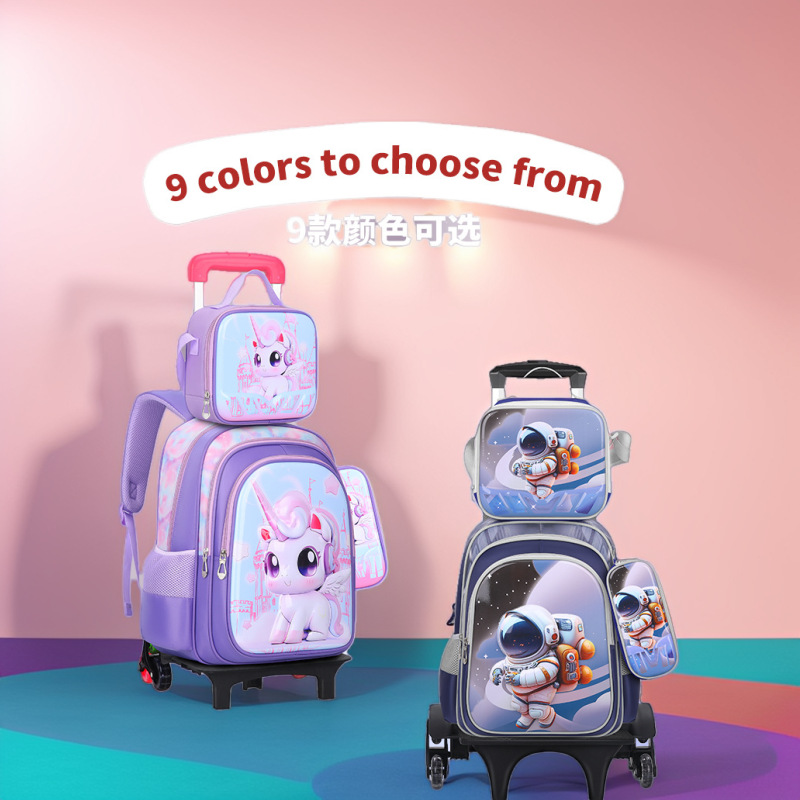 Juego de mochila escolar de nailon de tres piezas, mochila infantil para estudiantes de primaria, mochila ligera con ruedas, lonchera bonita