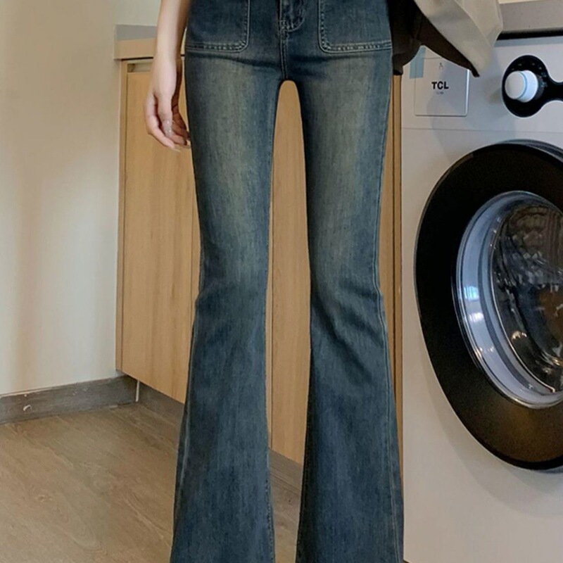 Slim-Fit Cement Gray 150 Micro-Flared Jeans for Women, Slimming Short High-Waisted Petite Flared Pants, New Spring and Autumn