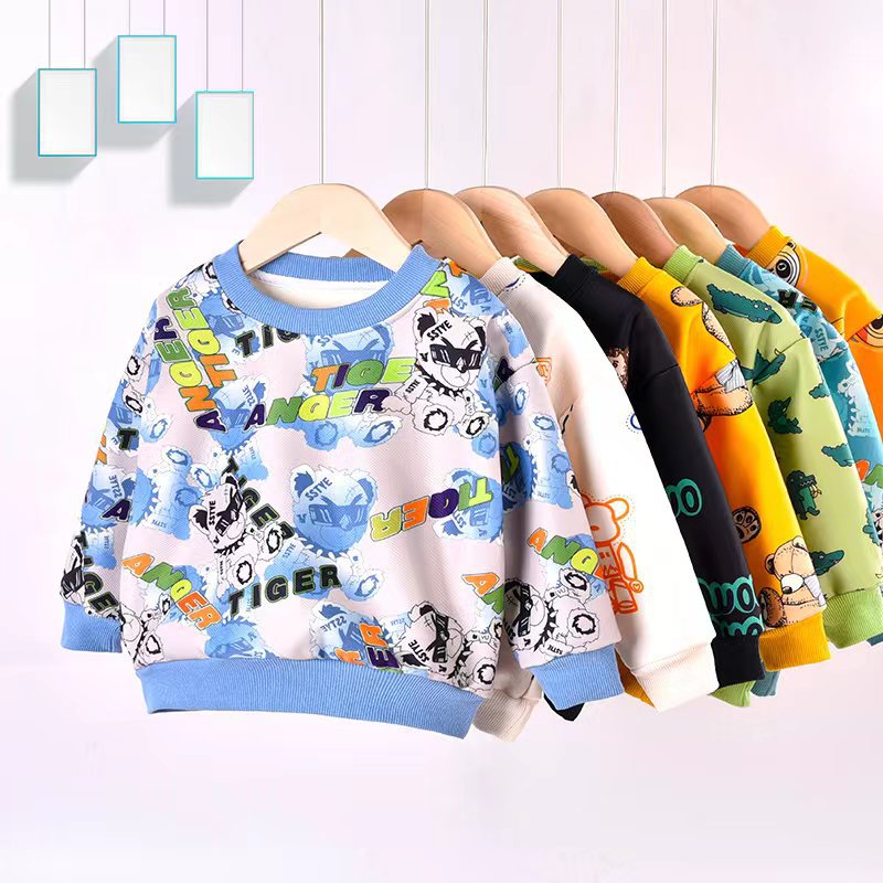 兒童加絨衛衣秋冬新款滿花秋衣卡通中小男女童保暖加厚單件上衣