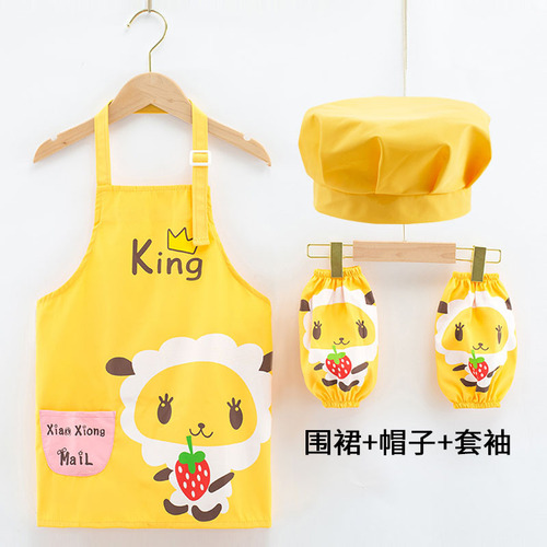 Children's apron, hat, sleeves, waterproof and oil-proof, three-piece kitchen baking set for kindergarten primary school students, 6-12 years old
