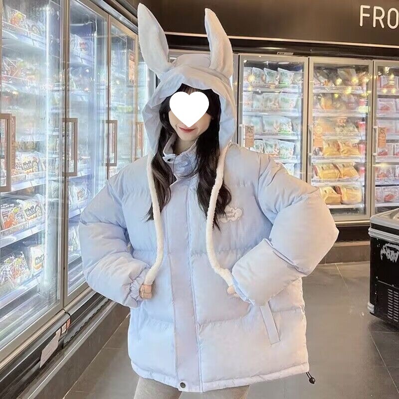 会动兔耳朵秋冬新款可爱连帽棉服女学生加绒加厚面包服小众外套潮