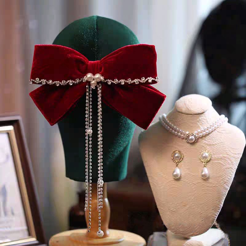Velvet rojo gran abrazadera de cabello de arco de novia brindis de boda toque de cabeza conjunto de pendientes de compromiso de mujer temperamento de cabello