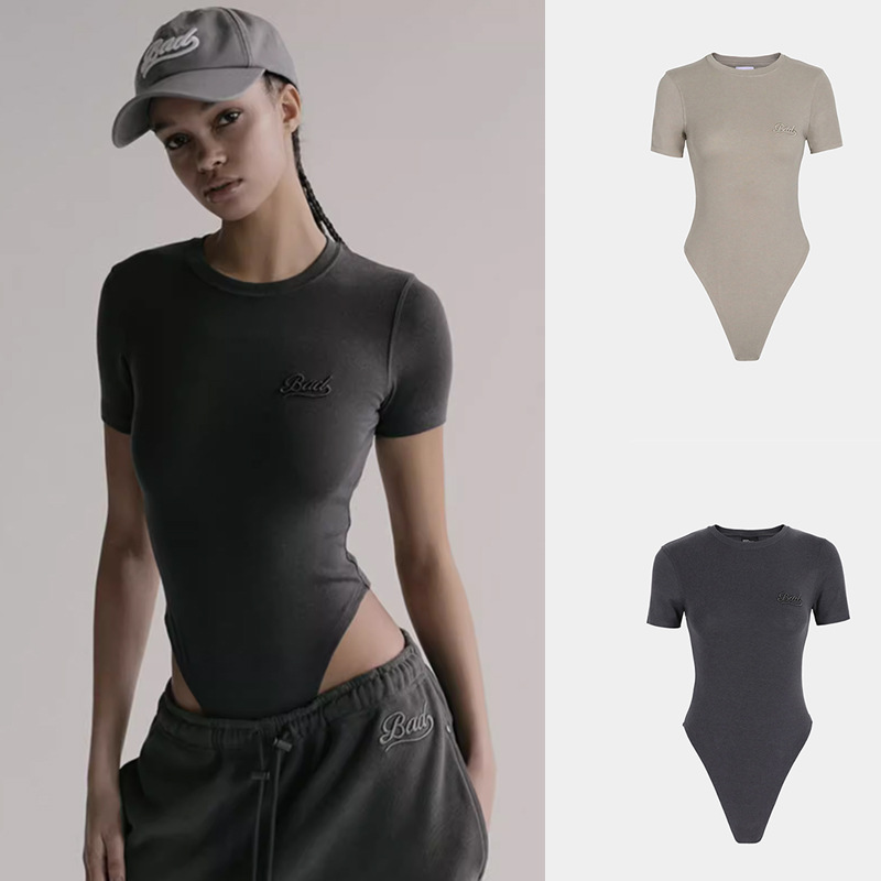 Korean Badblood Bcac Series Sexy Pure Color Jumpsuit Women's Slim Jumpsuit Short-Sleeved Embroidered Top