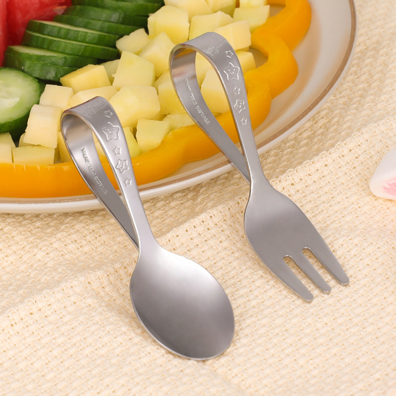 Japanese Imported Children's Stainless Steel Fork Spoon Set Baby Learning to Eat Training Spoon Short Handle Baby Food Supplemental Tableware