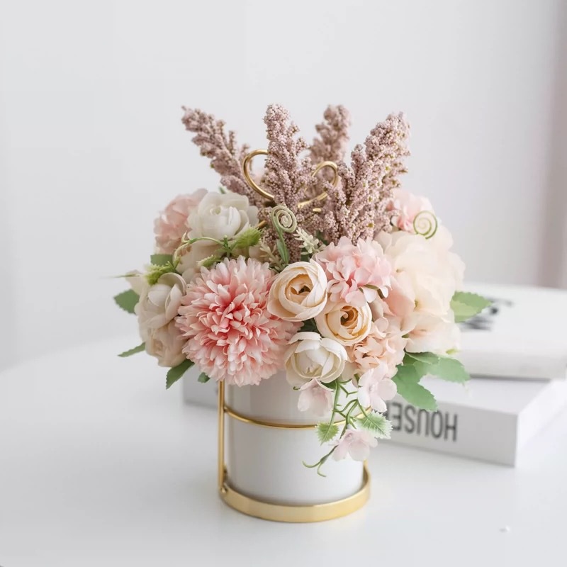 INS nórdico flor artificial traje de cerámica florero de oro rosa Planta artificial potted hogar Decoración falso