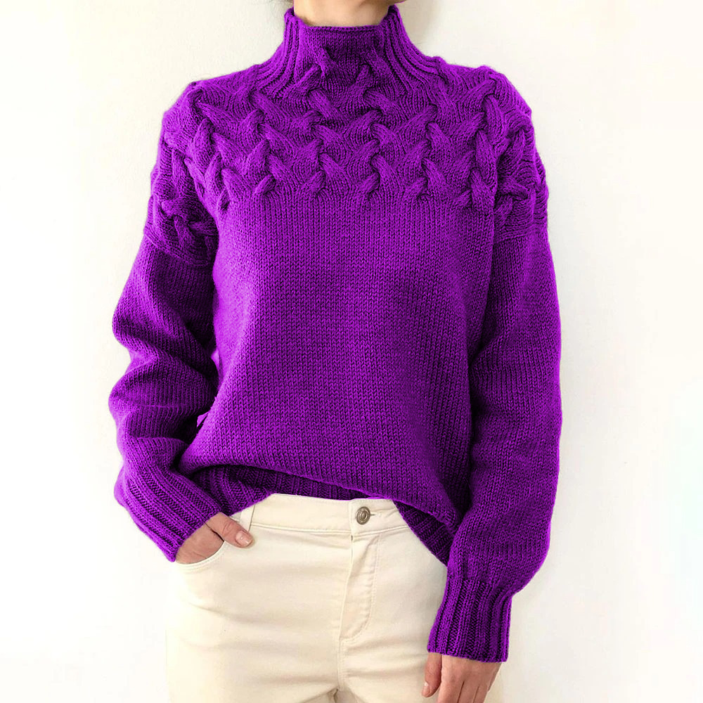 Maglione a maniche lunghe con collo alto e dettagli in maglia a trecce alla moda per donna_voghion.com