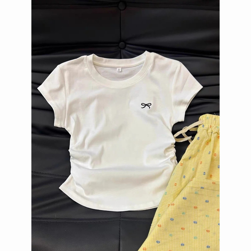 Black Printed Bow Shoulder Crewneck Short-sleeved T-shirt Women's Summer Pleated Waisted Slim-fit Short All-match Top