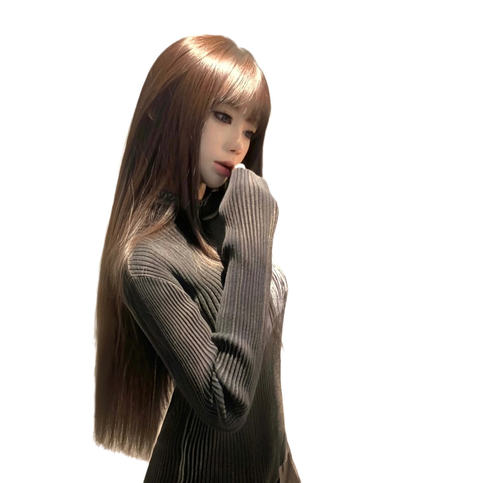 Star Cheng Wig Women's Cold Brown Hair Round Face Air bangs Natural Simulation Hair Long Straight Hair Full Head Set