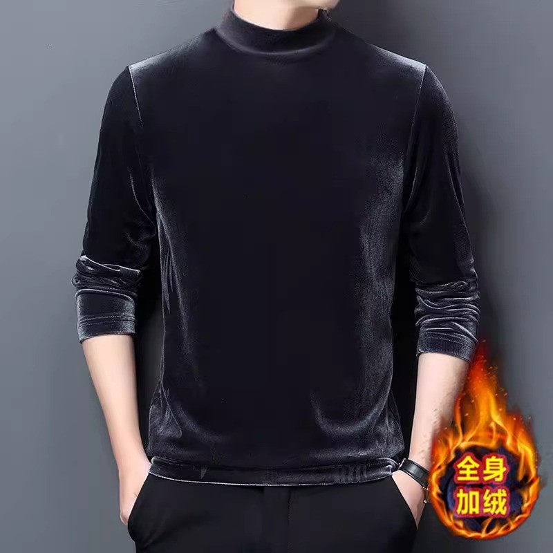 Men's Velvet Long-Sleeve Thermal T-Shirt for Autumn and Winter, Slim Fit Pullover Base Layer