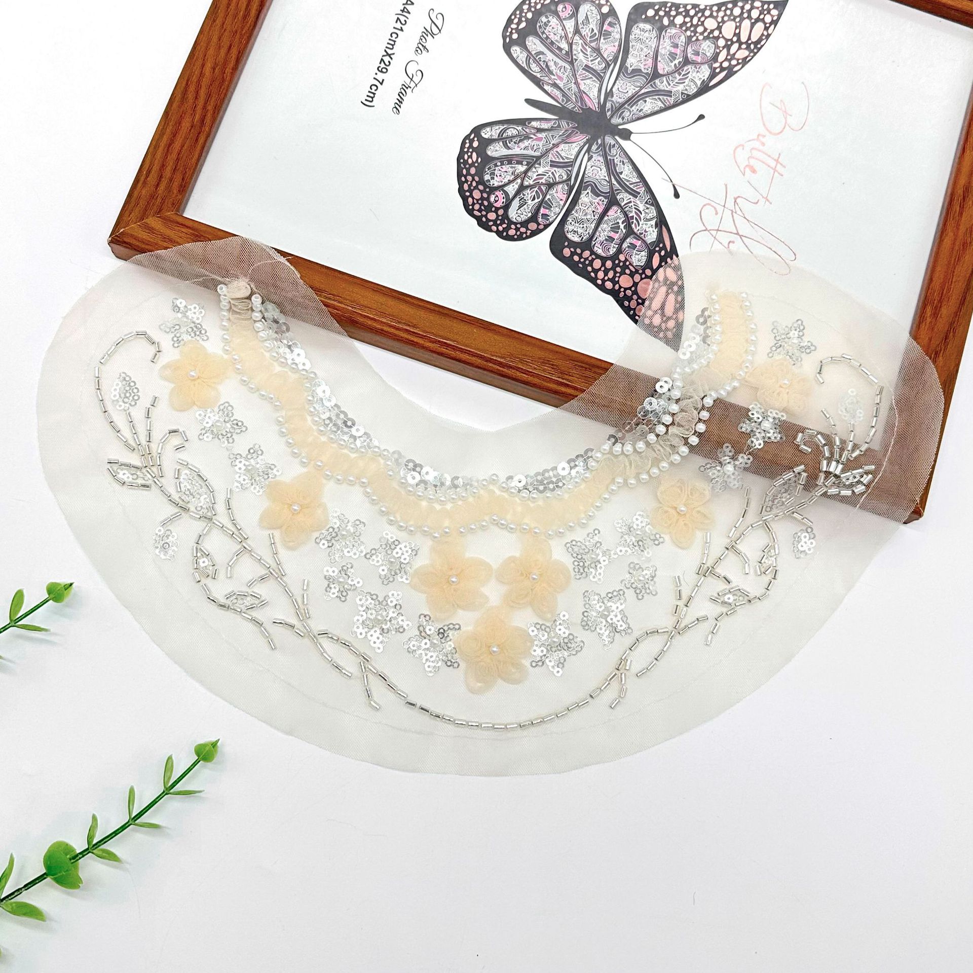 新款时尚网纱珍珠亮片前领布贴圆领门襟装饰衣领胸前贴花假领配饰