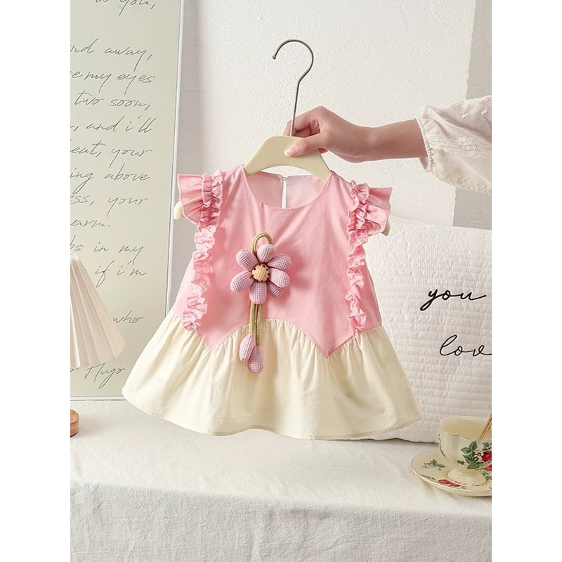 Vestido de algodón con mangas voladoras con costuras de flores para bebés y niños pequeños, vestido de princesa con chaleco con orejas de madera para bebés de nuevo estilo de verano