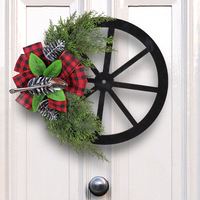 Corona navideña creativa con diseño de piña, corona para colgar en la puerta, lazo a cuadros negro y rojo, decoración para patio exterior, adorno colgante