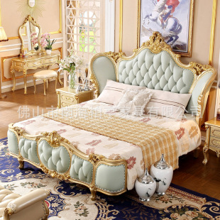 European-Style Solid Wood Double Bed, High-End Genuine Leather Bedroom Furniture, Luxurious European and American Luxury Master Bedroom Large Bed with Carved Patterns