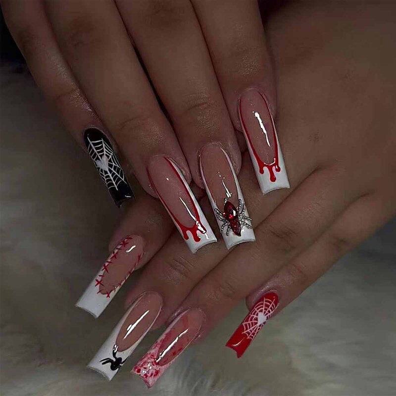 Cross-Border Long Halloween Nail Tips Spider Blood-Colored Halloween Nail Tips Removable Nail Stickers Foreign Trade