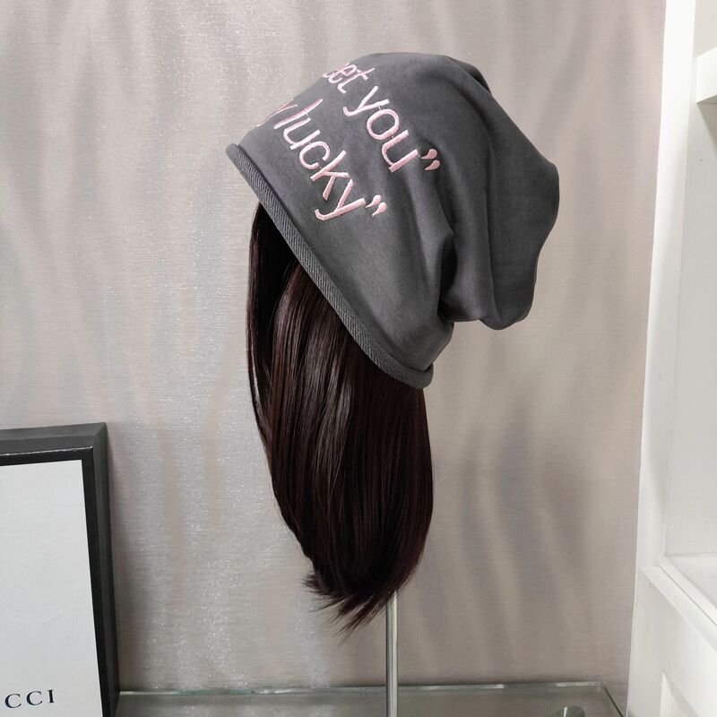 Spring and summer thin single-layer cold hat wig all-in-one detachable letter short wave head curling all-match piled hat for women