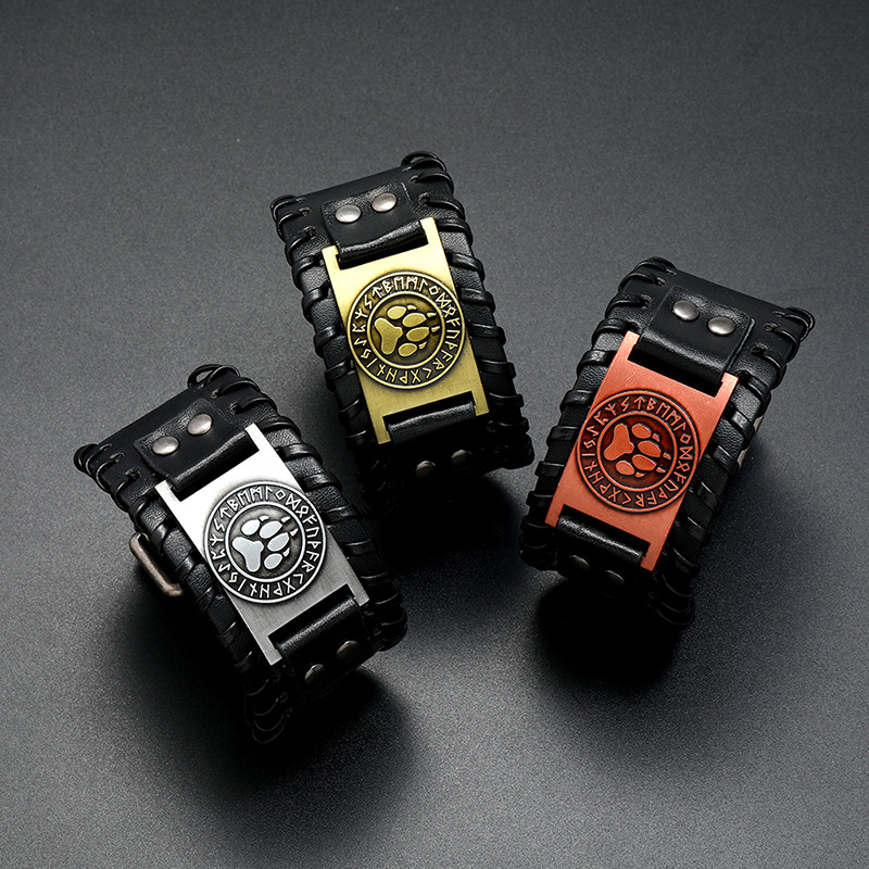 Simple Viking totem bear claw leather bracelet