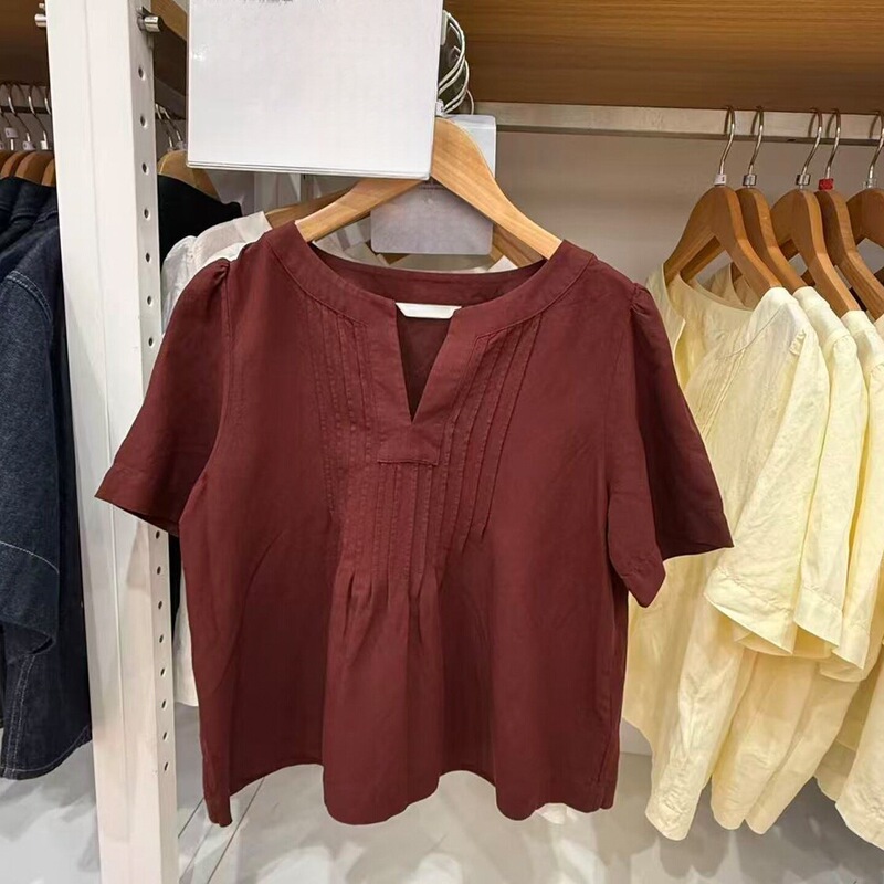 Japanese-Style Women's Linen Blend Half-Open Collar Pleated Shirt/Short-Sleeve Blouse, New Spring/Summer Short Sweet Top