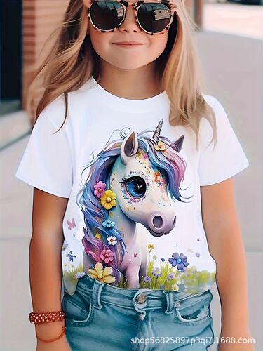 A cartoon unicorn girl 3D digital casual short-sleeved T-shirt suitable for outdoor wear, cute cartoon print