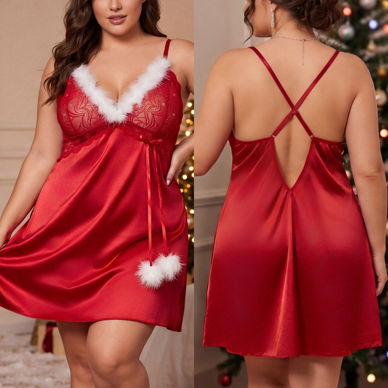European and American Holiday Christmas Style Nightgown, Plush Lace Cross-Strap Slip Dress, Women's Sexy Lingerie Set 6930 European and American Holiday Christmas Style Nightgown, Plush Lace Cross-Strap Slip Dress, Women's Sexy Lingerie Set 6930