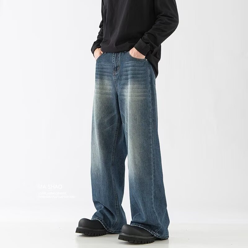 Light Blue Washed Loose Straight Jeans Men's Trendy Autum American Retro All-Match Wide-Leg Casual Pants Light Blue Washed Loose Straight Jeans Men's Trendy Autum American Retro All-Match Wide-Leg Casual Pants
