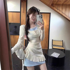 甜辣妹挂脖假两件长袖连衣裙女春秋冬季新款小个子修身包臀短裙子