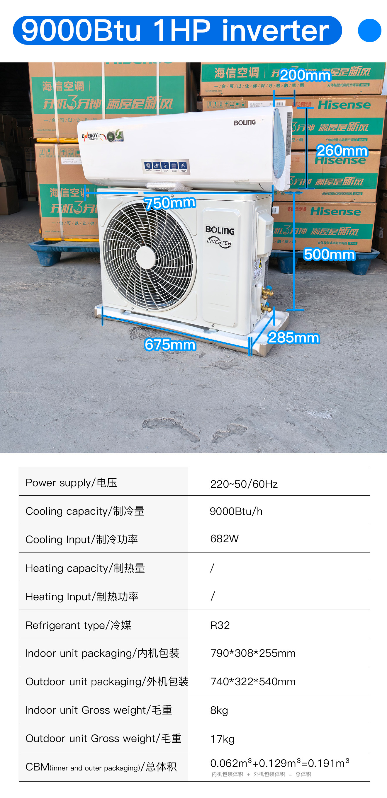 9000BTU 1HP inversor de enfriamiento único