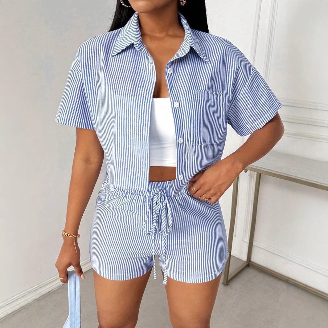 Cross-Border European and American Summer New Fashion Women's Trendy Lapel Casual Striped Shirt Short-Sleeved Shorts Two-Piece Set for Women
