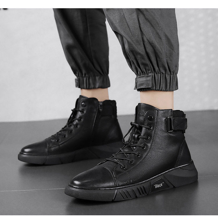 Men's Leather Winter Boots High Top Plush Lined Warm Snow Shoes_voghion.com