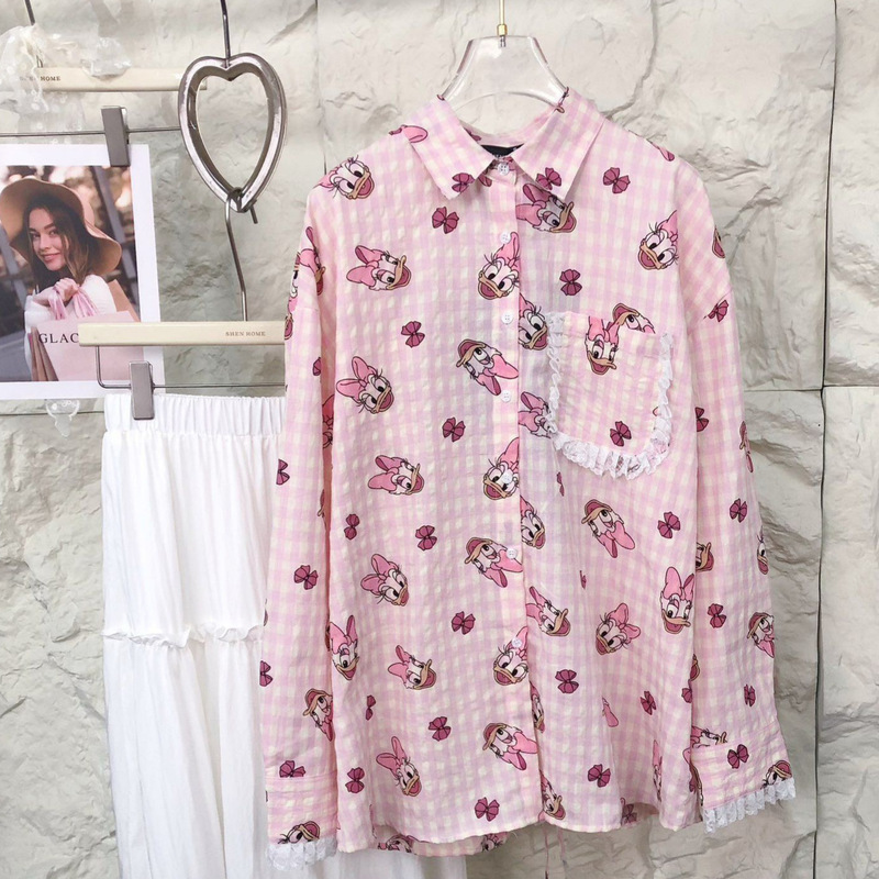 Shenshenjia Cross-Border Korean-Style Girly Design Lace-Up Back Slit Youthful Loose Layered Cartoon Long-Sleeve Shirt