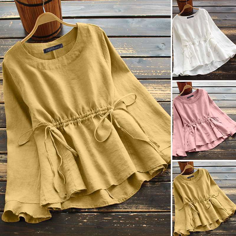 European and American 2025 Amazon Aliexpress New Long-Sleeved Casual Shirt Lace-Up Waist Ruffled Swallowtail Top for Women