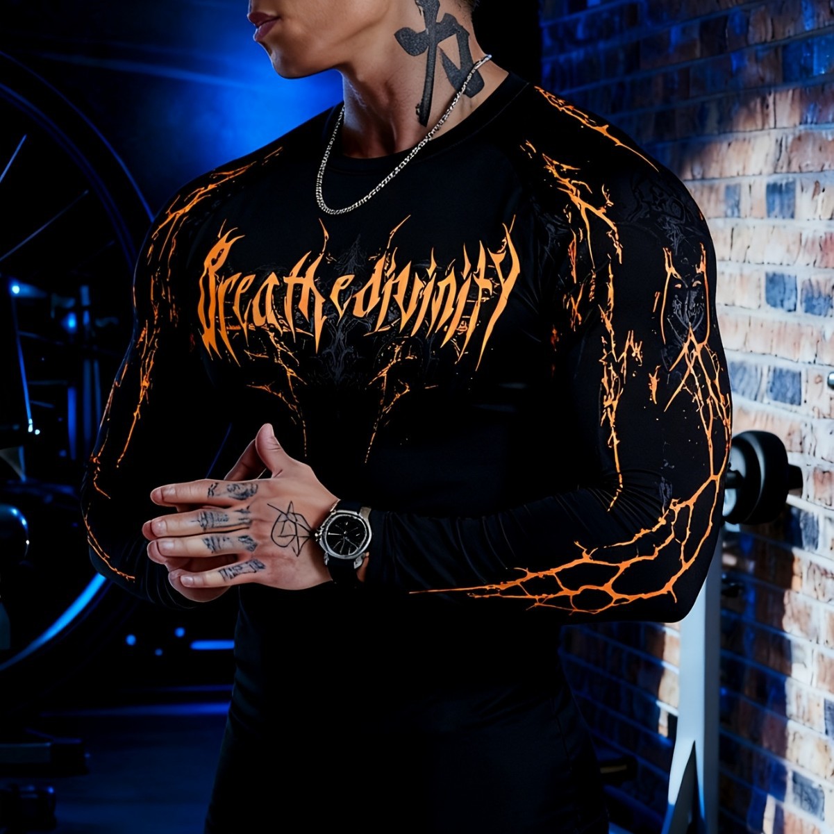 Men's Dark Style Skull And Thorn Print Long Sleeve T-Shirt Tight Fitting Quick Drying Fitness Sportswear American High Street_viptrois.com