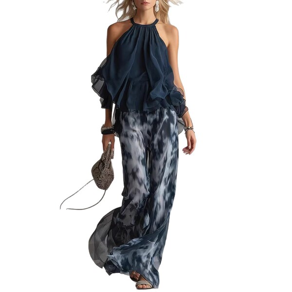 Independent Site Amazon 2026 Summer New Sleeveless Halter Top and Printed Wide-Leg Pants Chiffon Set