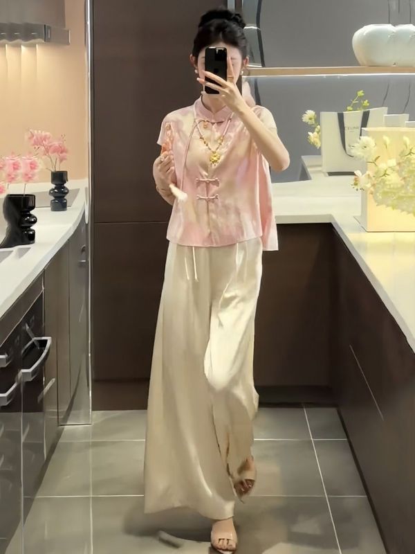 新しい中国風の女性用スーツ、夏の新しいジャカードボタン半袖トップ、ハイウエストワイドレッグパンツ、スリムな2点セット|undefined