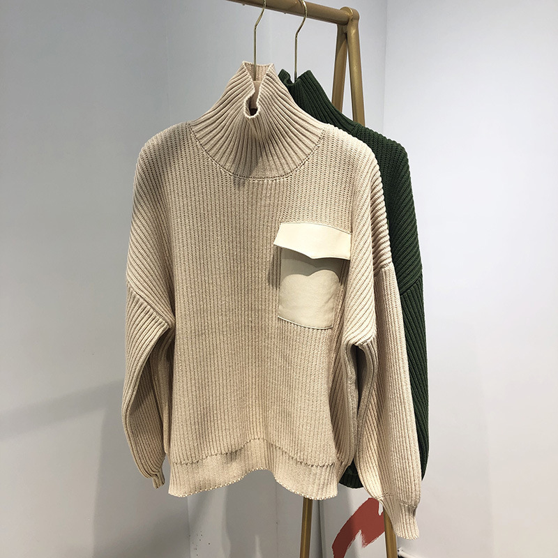Special offer! Yan Value Warm Online Pit High Collar Leather Pocket Loose Lazy Solid Color Retro Sweater Women's Internet Celebrity