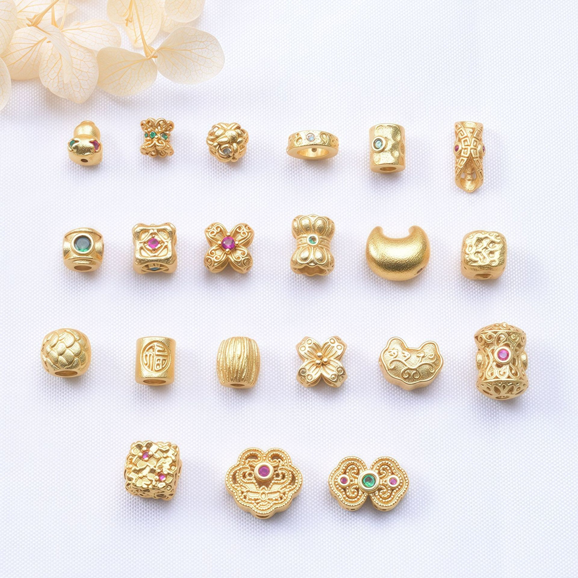 古法金保色镶锆石平安锁方形小花隔珠 DIY串珠手串饰品材料配件