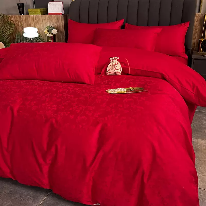 轻奢高级感大红色纯棉全棉结婚庆四件套新婚嫁喜被套床上用品床单